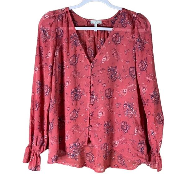 Joie Bolona 100% Silk Top Strawberry Floral Printed Sheer Long Sleeve Size Small - Picture 1 of 12